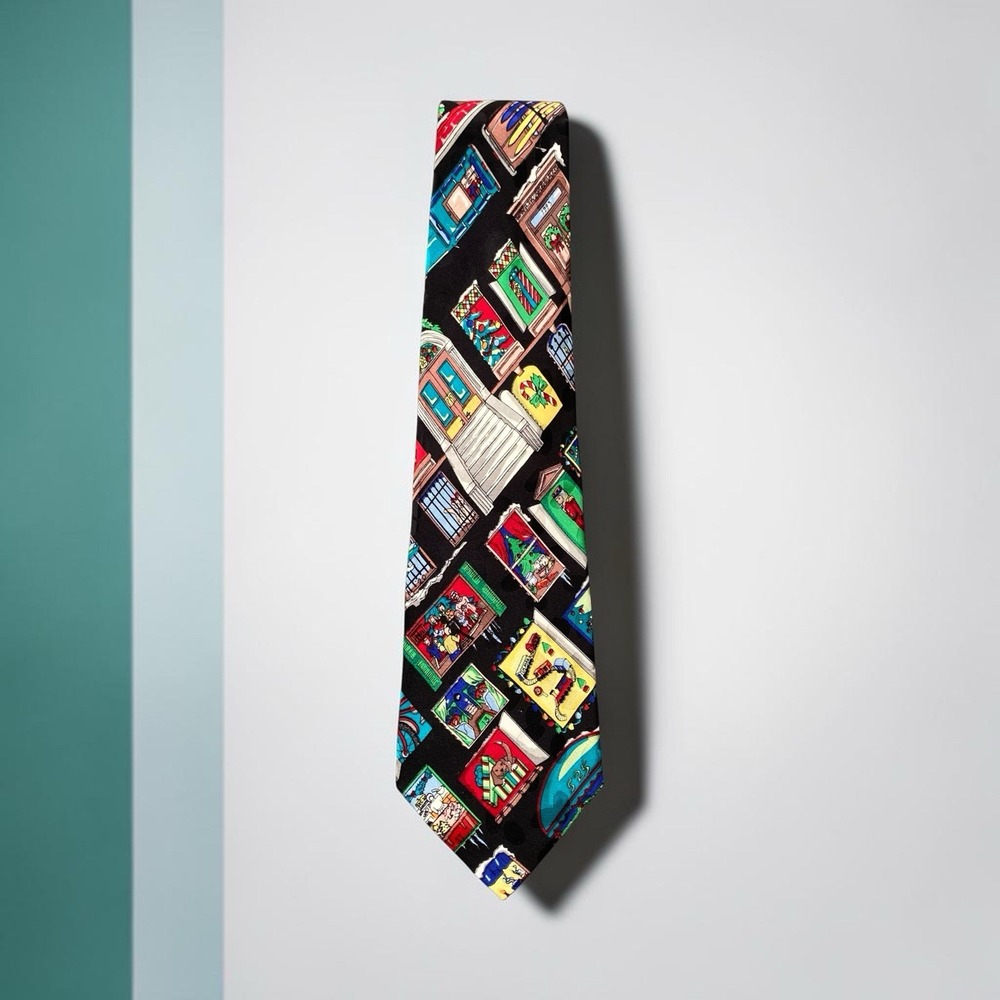 Nicole Miller Vintage 90s Silk Neck Tie Christmas Windows Holiday 1993